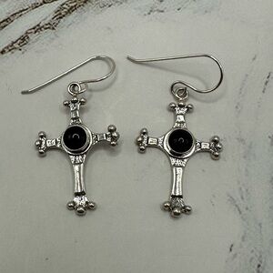 Elegant Sterling Silver Cross Earrings with Black Onyx Details